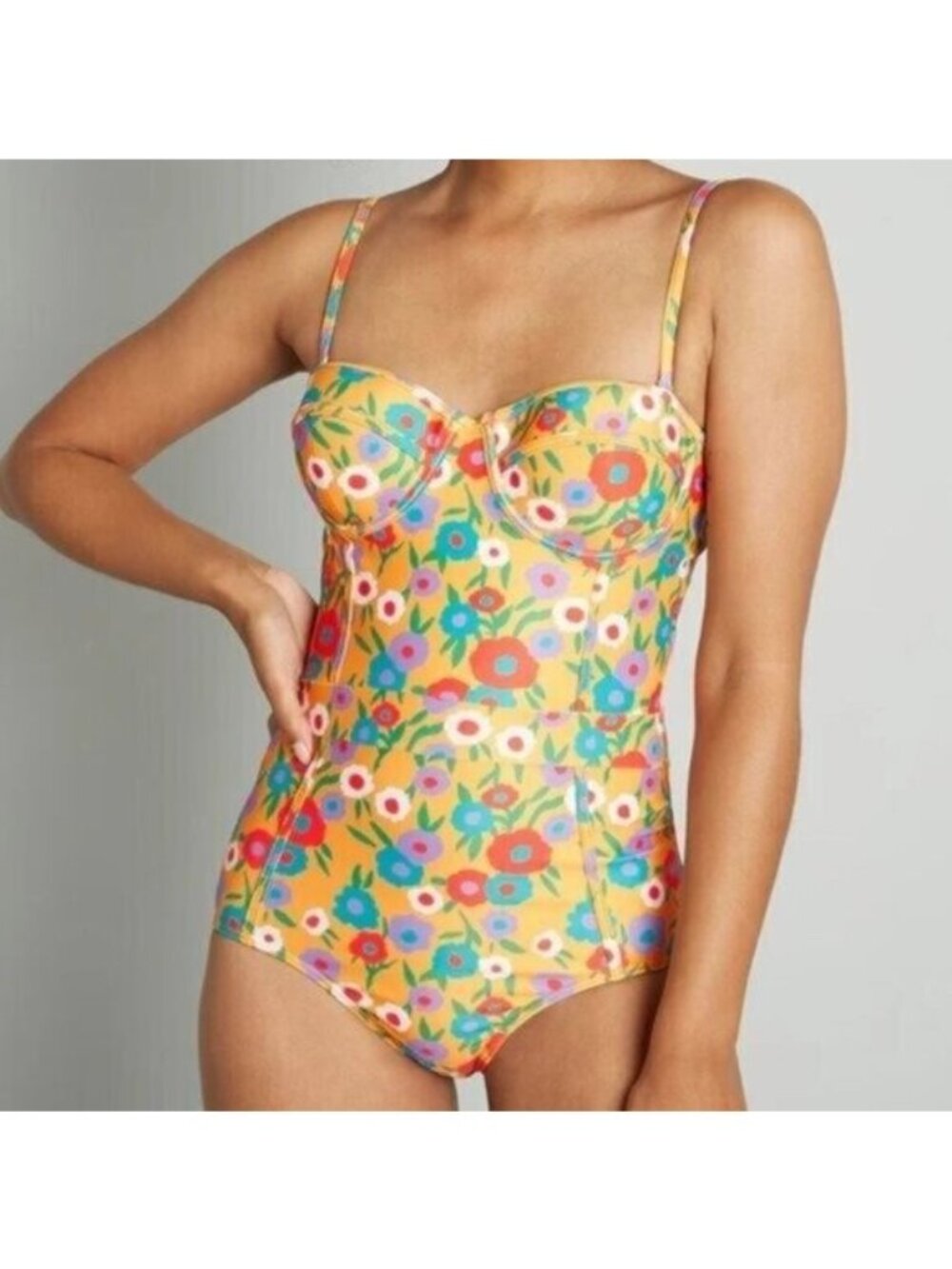 Modcloth The Pippa One Piece Swimsuit XS Yellow Floral Retro Bustier Corset 60s